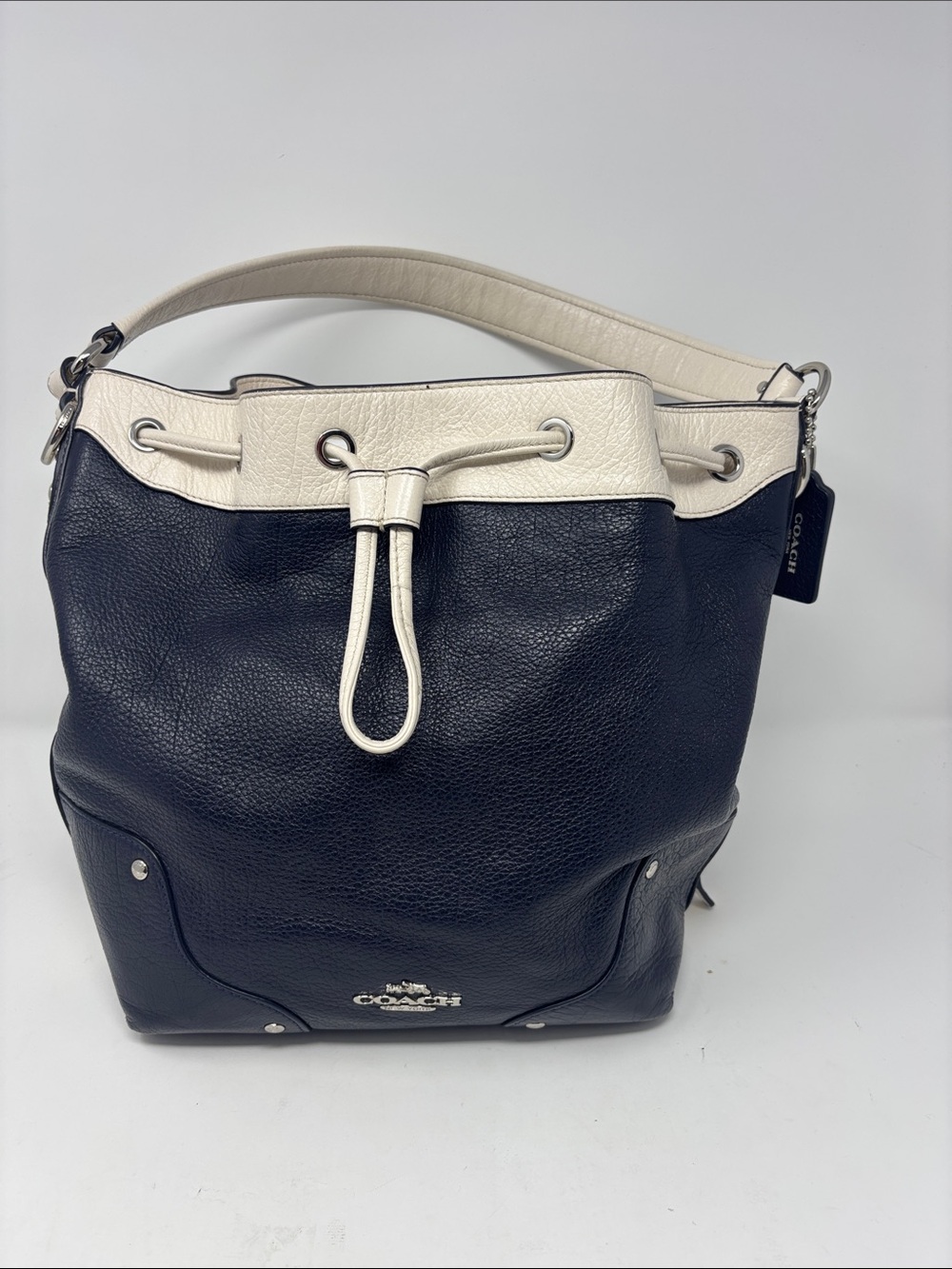 Coach Two-Tone Leather Drawstring Shoulder Bag - navy & Cream bucket vintage